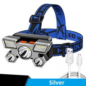 5 LED USB Rechargeable Headlamp; Portable Built-in 18650 Battery Head Flash Light; Waterproof For Expedition Outdoor Camping Fishing (3 Colors) (Color: Silvery)